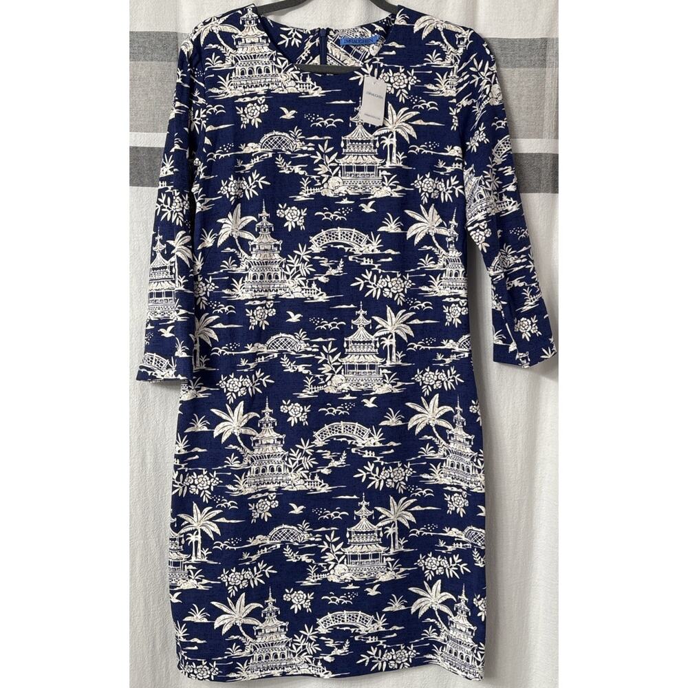 NWT J McLaughlin Blue White Tongsai Palms Stretch Dress Size X-Small 3/4 Sleeve